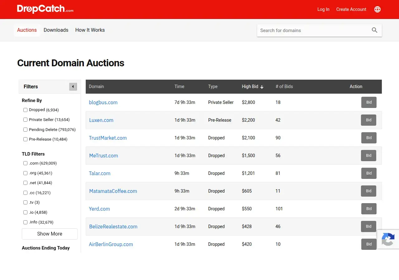 DropCatch auctions table with live bids on dropped domains, including blogbus.com at 2,800 dollars, plus Dropped and Pre-Release listing types and TLD filter counts