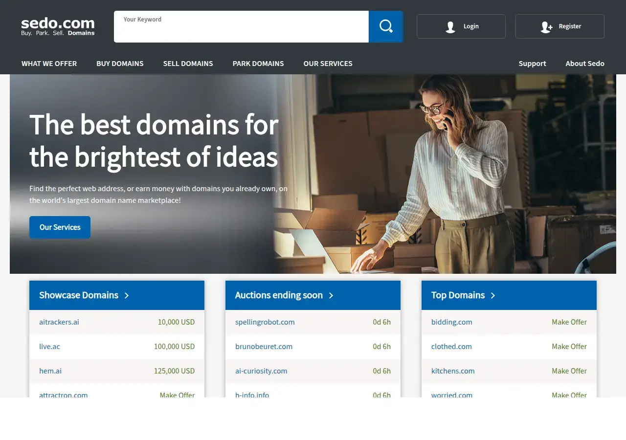Sedo homepage with the domain search box, showcase listings carrying asking prices such as hem.ai at 125,000 USD, and a strip of auctions ending soon